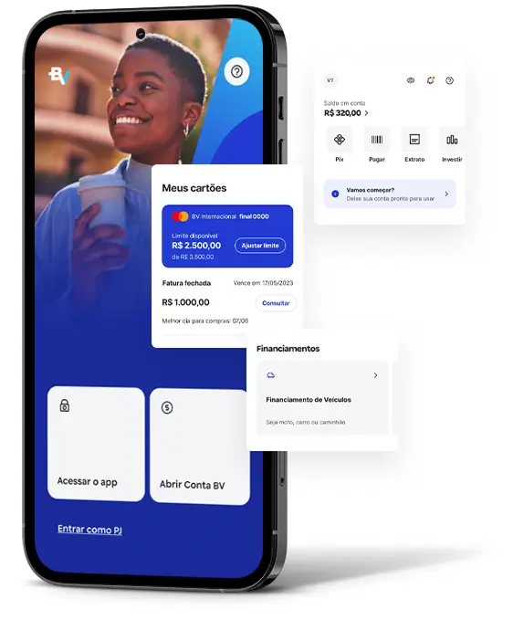 Celular mostrando a tela inicial do App do banco BV e cards flutuantes mostrando outras funcionalidades.