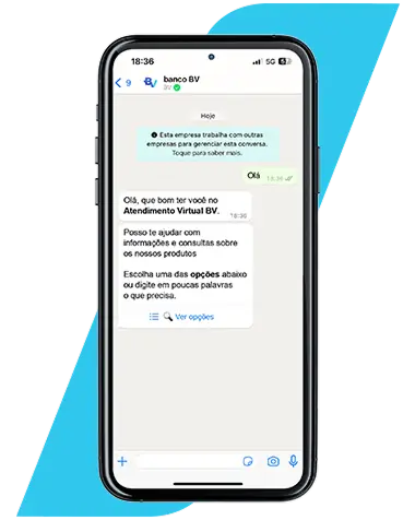 Celular mostrando início de conversa com o atendimento do banco BV pelo canal de atendimento no WhatsApp.
