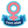 Símbolo feminino rosa com contorno azul e faixa azul escura com o texto “com elas” em branco.