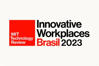 Selo de premiaçao MIT Technology Review. Innovative Worplaces Brasil 2023