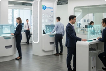 Imagem de uma sala branca e detalhes em azul, com vários computadores espalhados e pessoas do sexo masculino e feminino interagindo em cada uma delas.
