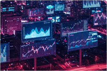 Imagem de uma cidade virtual rosada com várias telas com gráficos projetados