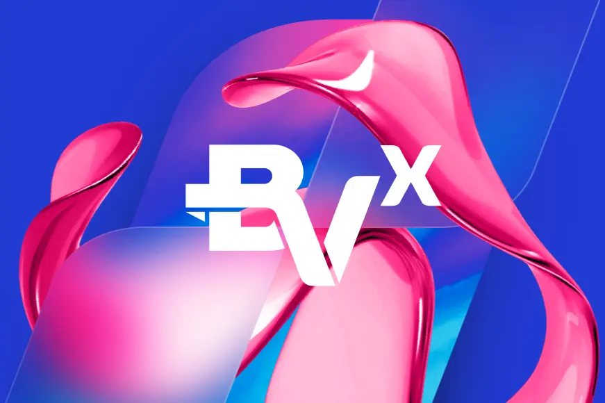 Imagem em forma de onda com textura de vidro na cor magenta aplicada com hastes transparentes e logo BVx