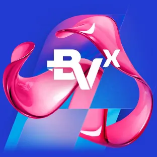 Imagem em forma de onda com textura de vidro na cor magenta aplicada com hastes transparentes e logo BVx