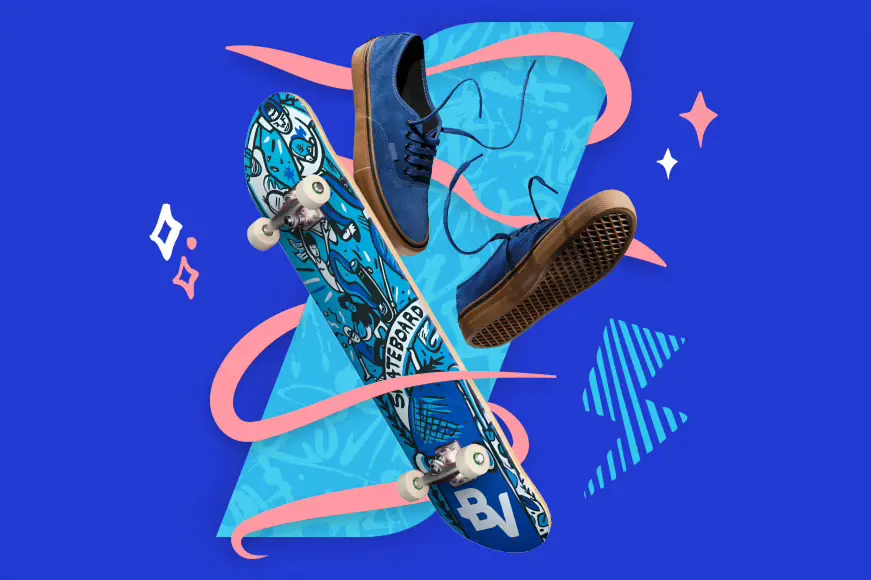 Sobre um fundo azul, um skate e um par de tênis aparecem inclinados.