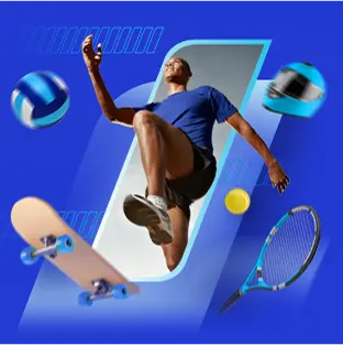 Um homem negro faz movimento de corrida, ao redor dele: bola de vôlei, skate, raquete, capacete e bola de tênis.