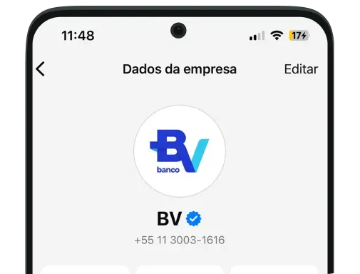 Tela 'Dados da empresa' no WhatsApp, com o logo, nome verificado e telefone de contato do banco BV.