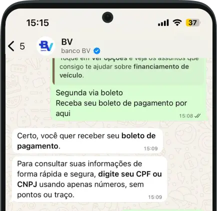 Tela do WhatsApp do banco BV. O assistente virtual pede o CPF ou CNPJ do usuário para enviar a segunda via do boleto.