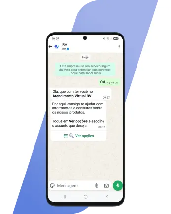 Celular com a tela de boas-vindas do Atendimento Virtual BV no WhatsApp, mostrando o menu para 'Ver opções'.
