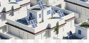 Visão aérea de um condomínio residencial com placas solares no telhado.