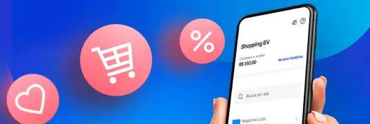 Composição gráfica de uma mão segurando celular com visualização do app do banco BV e círculos ilustrativos de serviços flutuando ao redor.