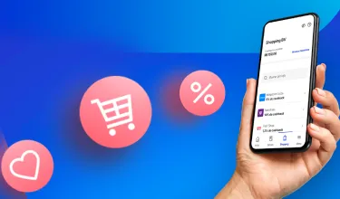 Composição gráfica de uma mão segurando celular com visualização do app do banco BV e círculos ilustrativos de serviços flutuando ao redor.