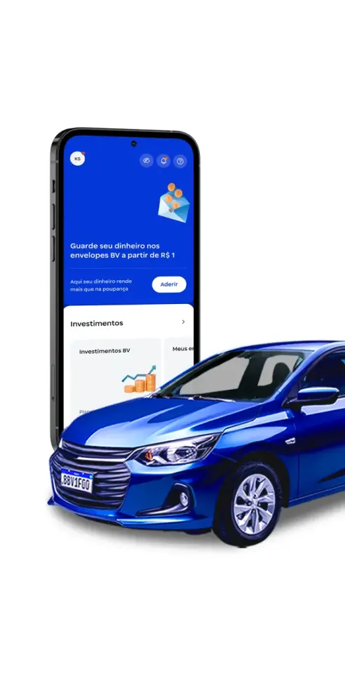 Montagem fotográfica de carro ao lado de um celular com o app do banco BV na tela.