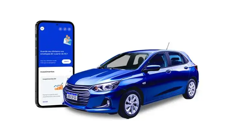 Montagem fotográfica de carro ao lado de um celular com o app do banco BV na tela.