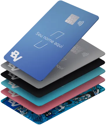 Composição visual com todos os tipos de cartões do banco BV empilhados.