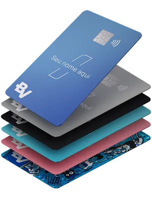 Composição visual com todos os tipos de cartões do banco BV empilhados.