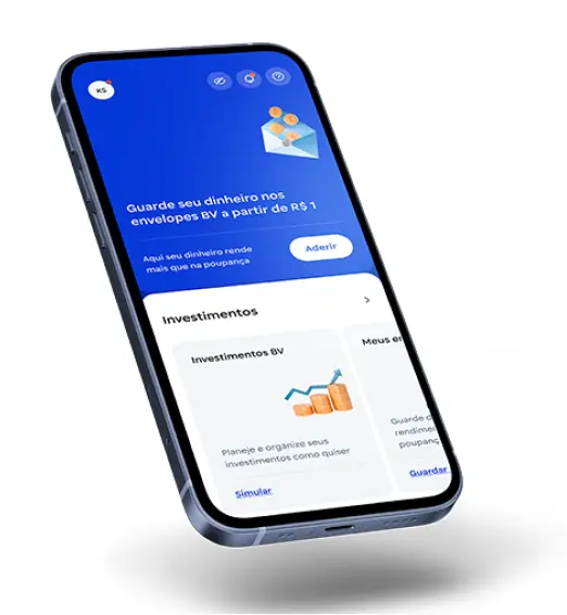 Imagem ilustrativa de um celular simulando a visualização do app do banco BV