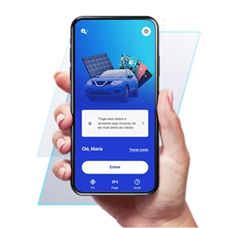 Uma mão segurando um celular com a tela do app BV