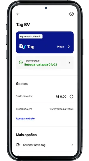 Um celular aberto na tela de Tag Veloe do aplicativo banco BV.