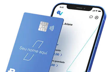 Celular com a tela do aplicativo do banco BV aberta e cartão bv Livre