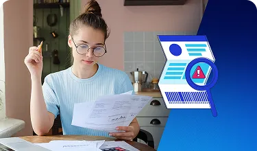 Foto de mulher analisando documentos e ilustração de uma lupa com um alerta sobre um boleto.