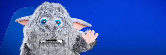 A imagem tem um fundo azul-escuro e mostra o Sem Tutu, monstro cinza de olhos azuis, dando tchau.