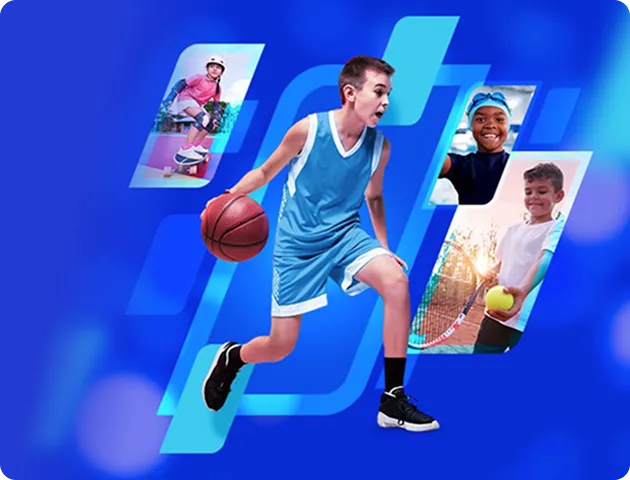 Um menino ao centro jogando basquete, nas laterais, uma menina de longboard, menina com touca de natação e menino com raquete de tênis.