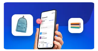 Uma mão segurando um celular aberto na tela de shopping BV, e ao lado, um ícone de mochila escolar e livros escolares.