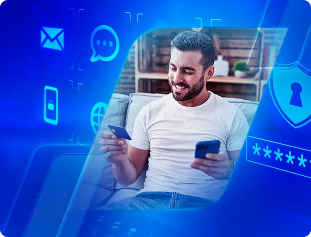 Homem de camiseta branca segurando celular e cartão, com elementos gráficos de segurança digital ao redor.
