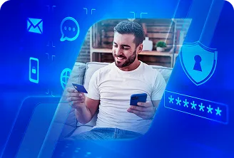 Homem de camiseta branca segurando celular e cartão, com elementos gráficos de segurança digital ao redor.