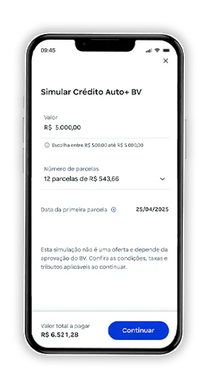 Um celular com o aplicativo do banco BV aberto na tela de simulação de empréstimo Crédito Auto+ BV.