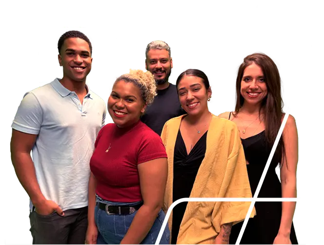 Principal imagem da página, com cinco funcionários em fundo azul BV e o convite: Venha conhecer o jeito BV de trabalhar!