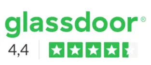 Imagem do selo digital Glassdoor, de avaliação anônima de ambientes de trabalho, com 4,4 de 5 pontos para o BV.