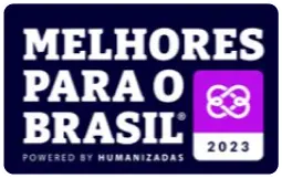 imagem de selo digital nas cores branco, azul e roxo com texto "Melhores para o Brasil. Powered by Humanizadas. 2023"