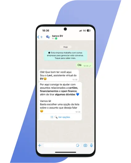 Ilustração de conversa entre cliente e o atendimento Whatsapp BV. Imagem ilustra o contato e apresenta a mensagem de boas vindas ao canal.