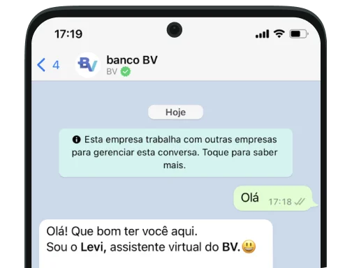 Ilustração dos métodos de verificação de autenticidade do canal de atendimento Whatsapp BV. Imagem mostra o selo verde ao lado do nome do canal Banco BV e a logo do banco presente na imagem do perfil.
