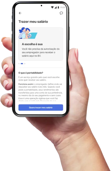 Mão segurando um celular, com o aplicativo BV aberto na página inicial da área de "trazer meu salário" e textos relacionados.