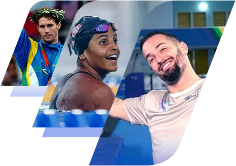 Flávio Canto com coroa de louros e medalha; Etiene Medeiros, na piscina, com roupas de natação e Diego Hypólito sorrindo.